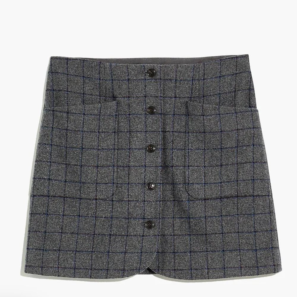 Wool Button-Front Mini Skirt in Windowpane